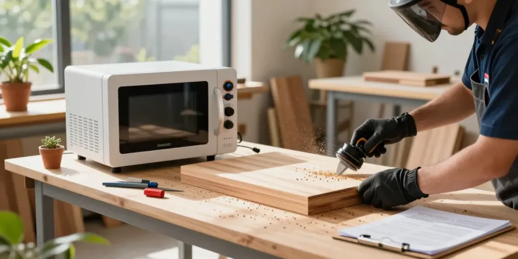 SHASHEL® microwave device effectively eliminating wood-boring insects in a bright workshop