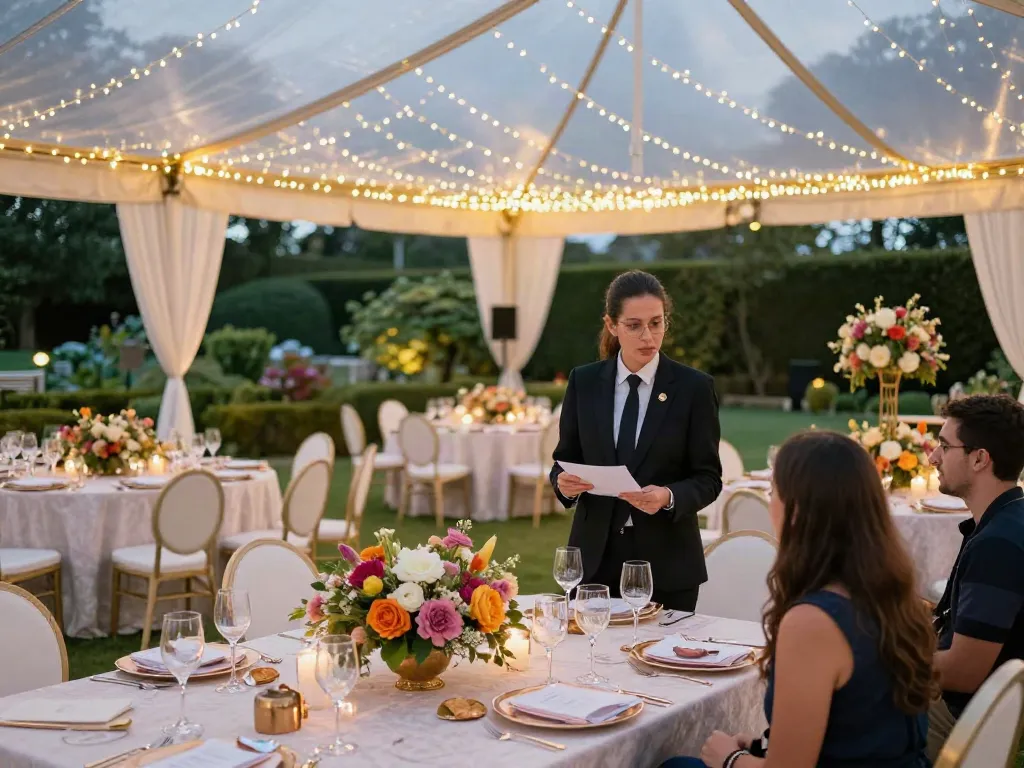 Event rentals displayed beautifully at a luxury outdoor venue with a planner and client in discussion.