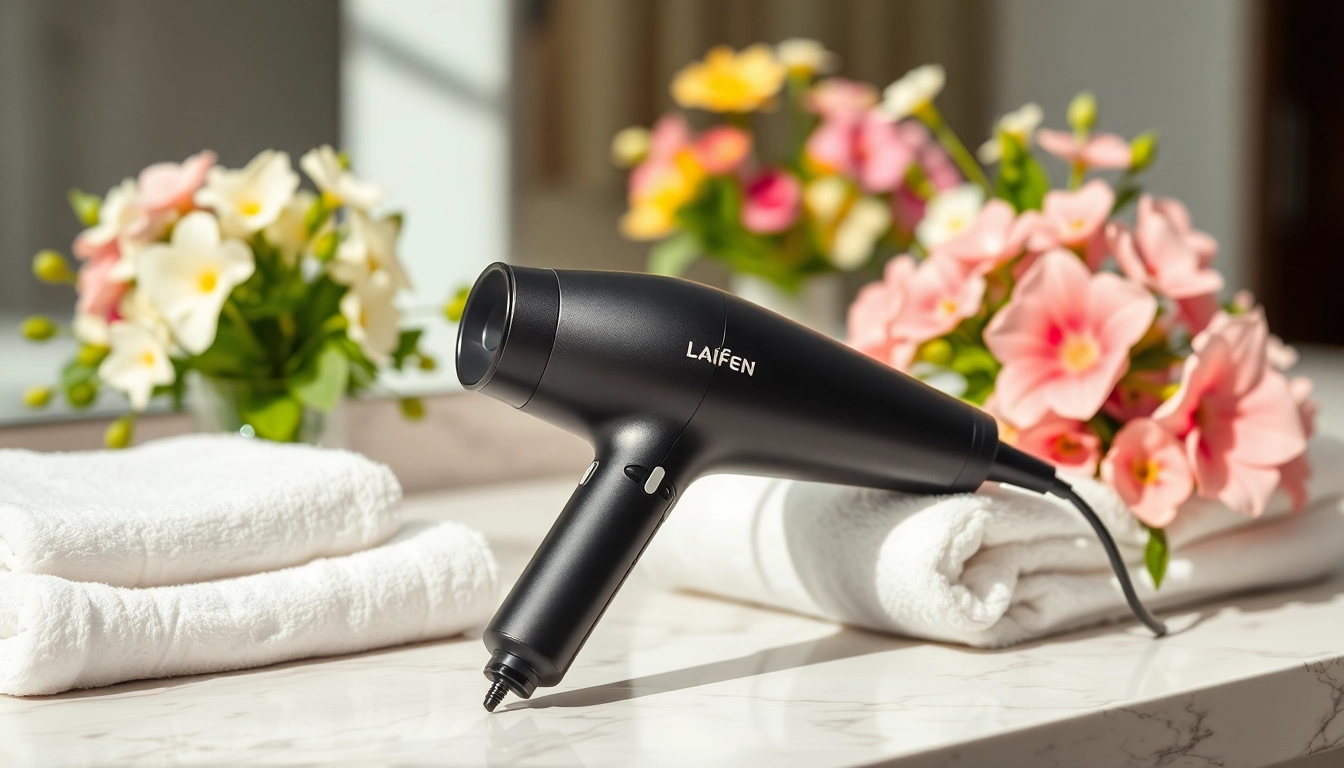 Showcase Laifen blow dryer on a marble countertop surrounded by soft towels and flowers.