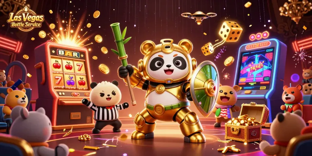 Experience Las Vegas Bottle Service with a dynamic 3D cartoon scene showcasing epic celebrations and gaming elements.