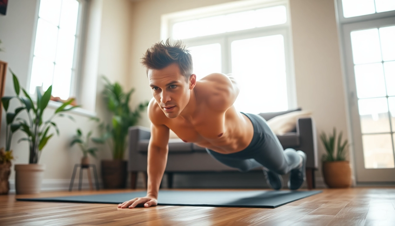 Engaged individual practicing Home Workout Plans in a bright, inviting home gym environment.