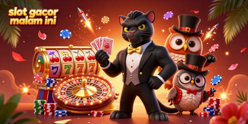 Gambarlah slot gacor malam ini dengan panther stylish, owl berhias, dan mouse keberuntungan bermain kartu di tengah suasana meriah.