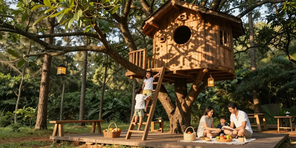 Family enjoying treehouses picnic in forest setting, warm afternoon sunlight casting shadows.