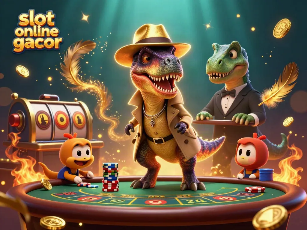 Experience thrilling action in slot online gacor with vibrant cartoon characters in a dynamic casino scene.