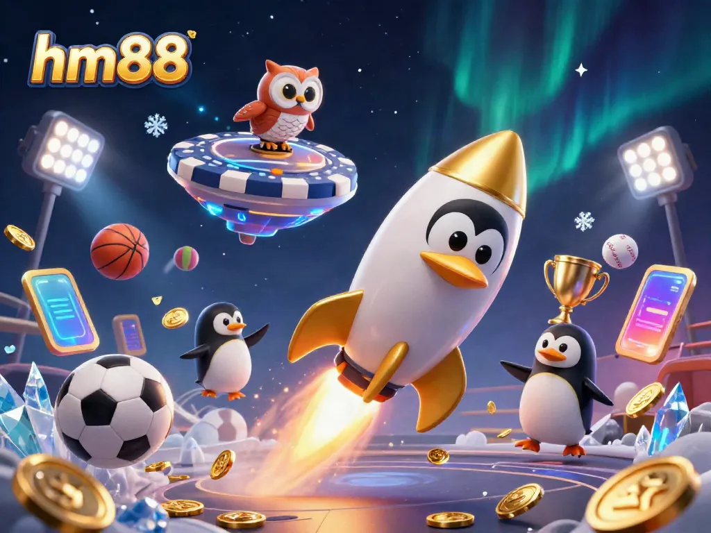Bet high with hm88 as a golden penguin blasts through space to a casino.