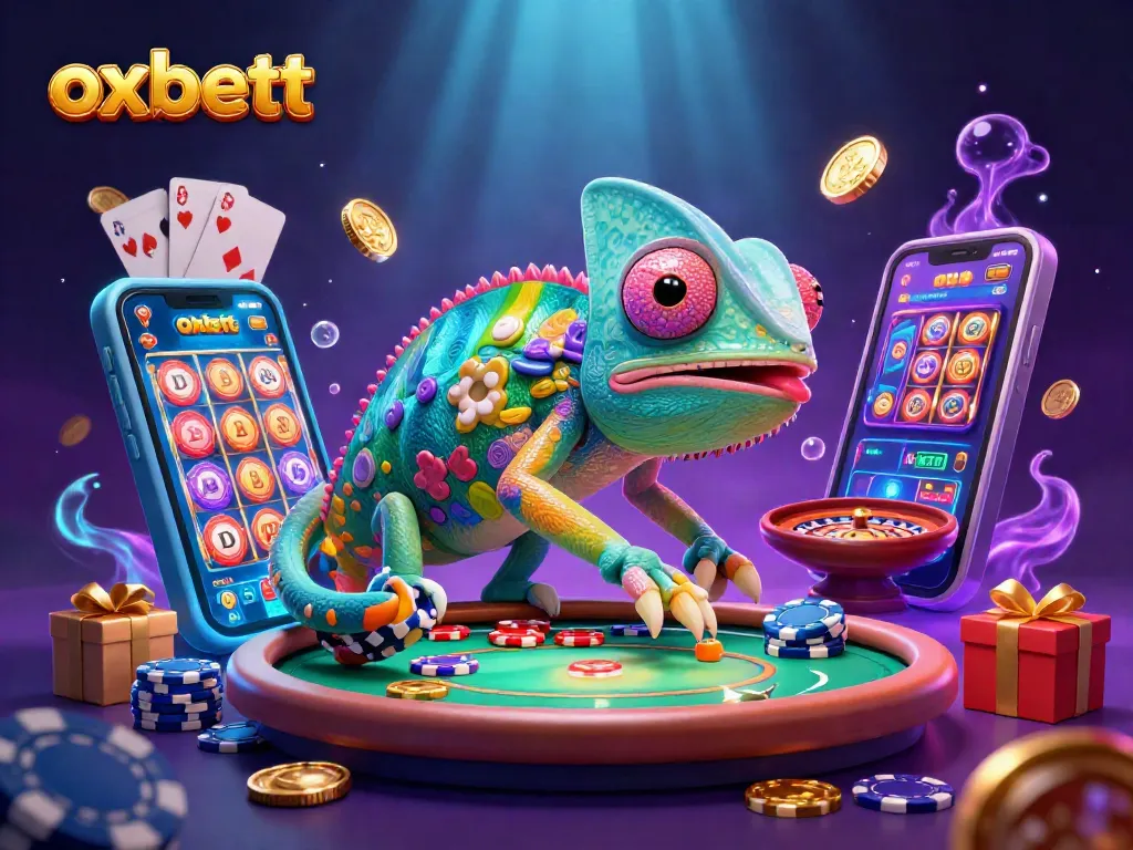Immerse in the excitement at Oxbett with casino-themed illustrations featuring a vibrant chameleon owner.