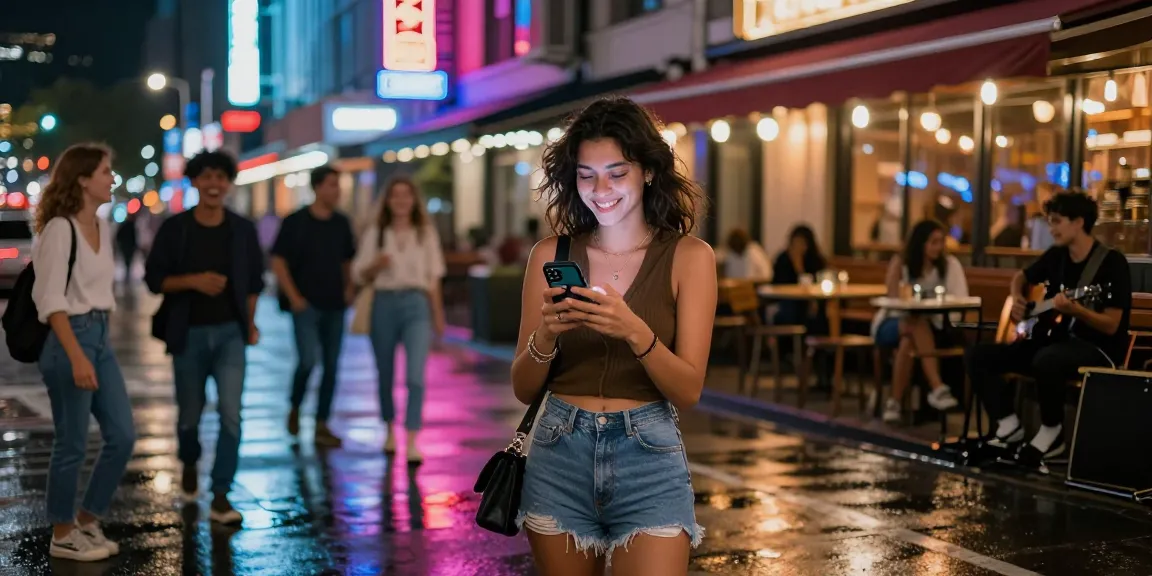 Hình ảnh gái gọi trong không gian đô thị sôi động với ánh đèn neon và bạn bè xung quanh.