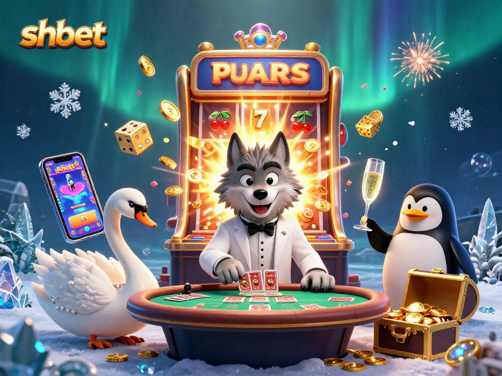 Join the excitement at shbet with a vibrant casino scene featuring animated characters, slot machines, and dazzling elements.