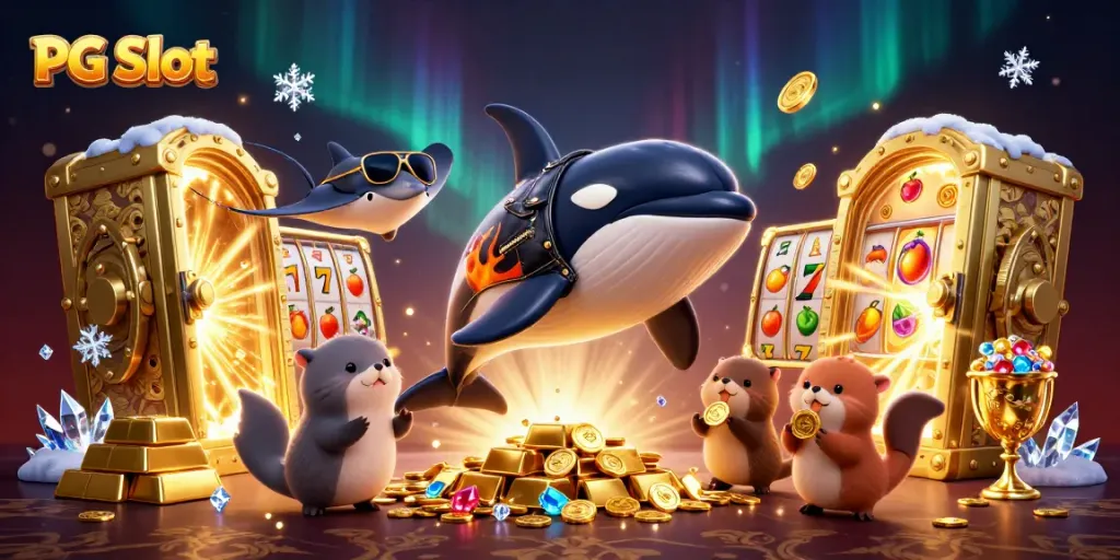 Gambar PG Slot yang menampilkan paus orca, stingray, dan berang-berang laut memainkan koin emas di latar belakang kasino.