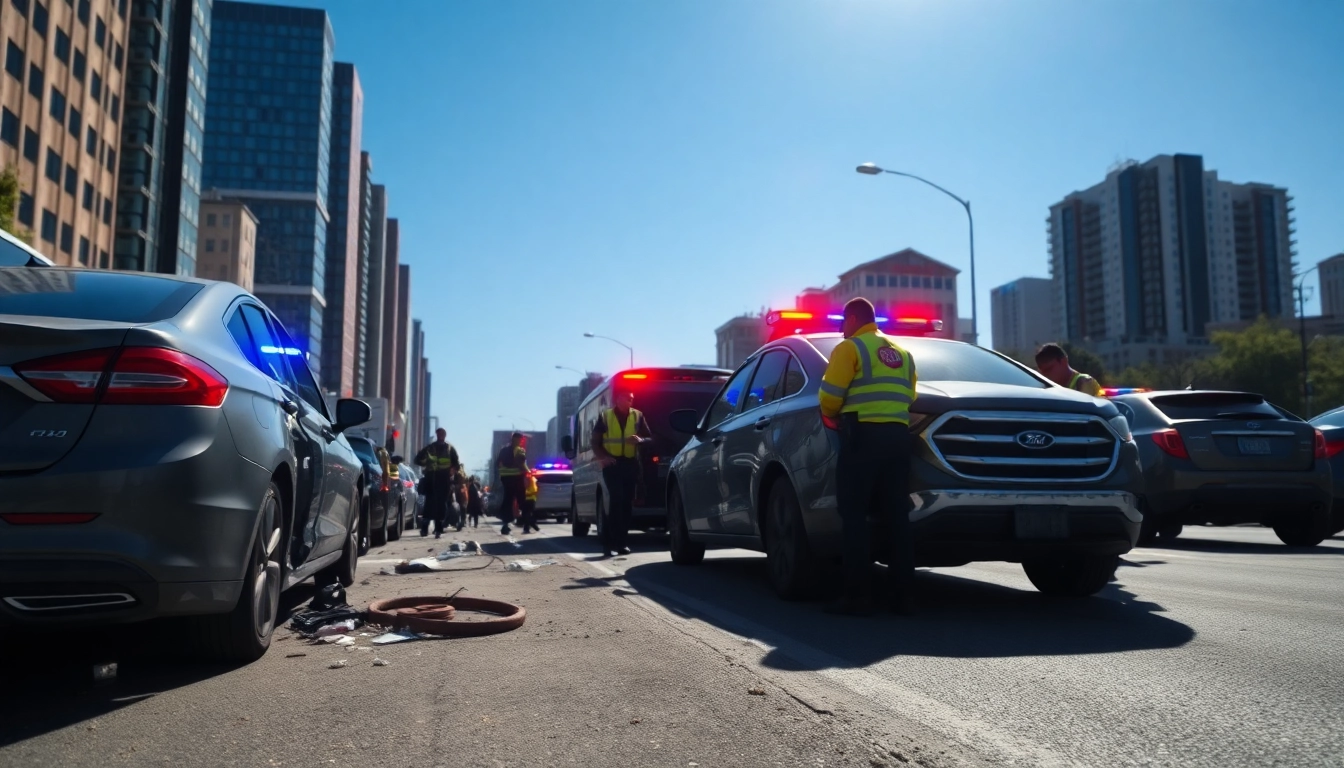Responders at a road accident scene, showcasing urgency and chaos with vehicles damaged.