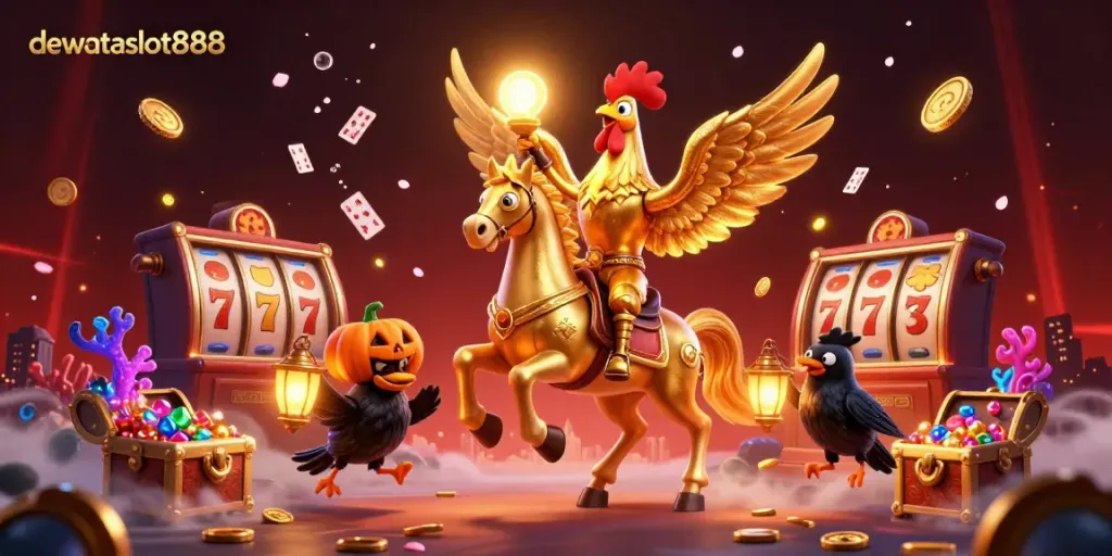 Gambarkan kegembiraan dalam permainan slot di dewataslot888 dengan ilustrasi kasino malam yang cerah, slot dan koin berkilau.