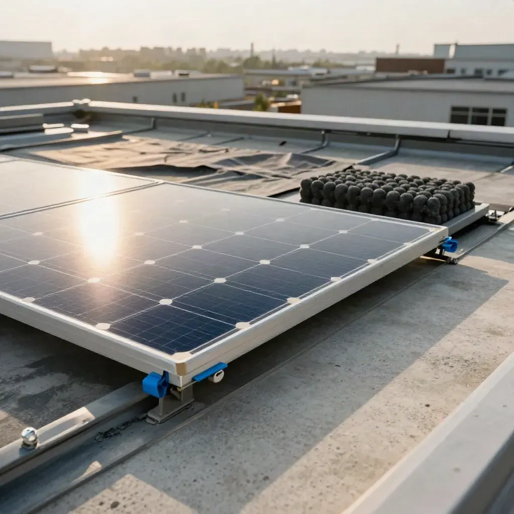 Solar module sample, ballast block, membrane patch, and rail pieces on a hazy industrial roof.