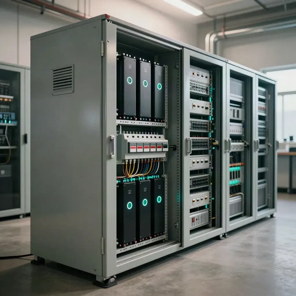 Low-angle industrial battery backup room with glowing UPS and transfer switch cabinets.