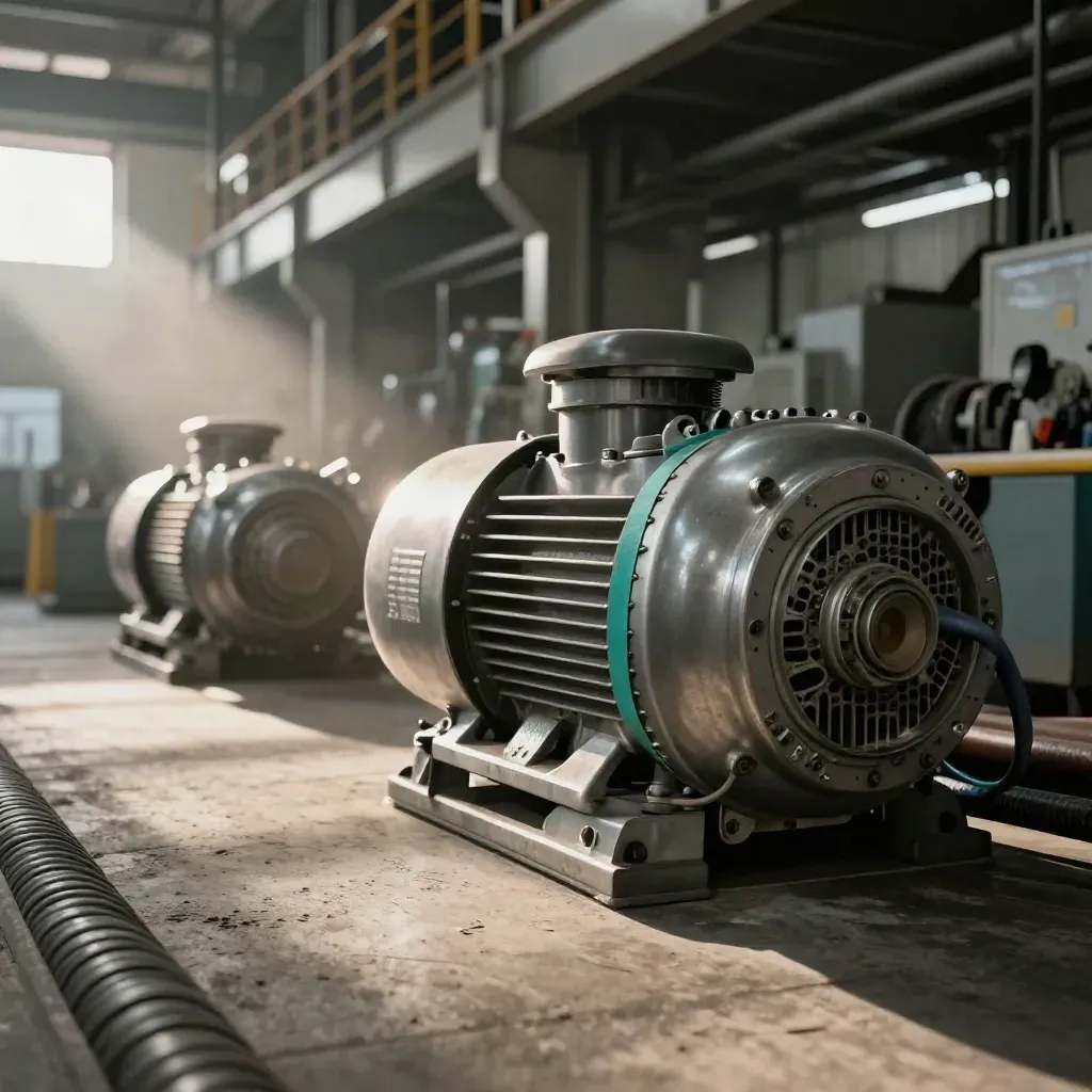 Open motor housing in a factory aisle with dark fixtures and active machinery blurred behind