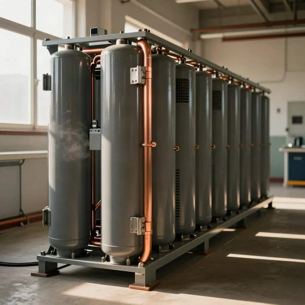 Capacitor bank, copper buswork and transformer bay in a warm industrial power room