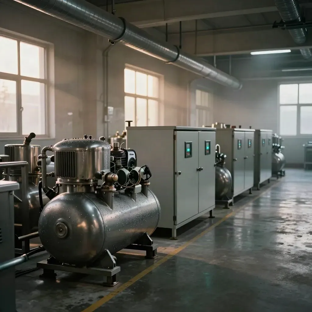 Quiet food plant with compressors, control cabinets, and cool vapor in late-afternoon light.
