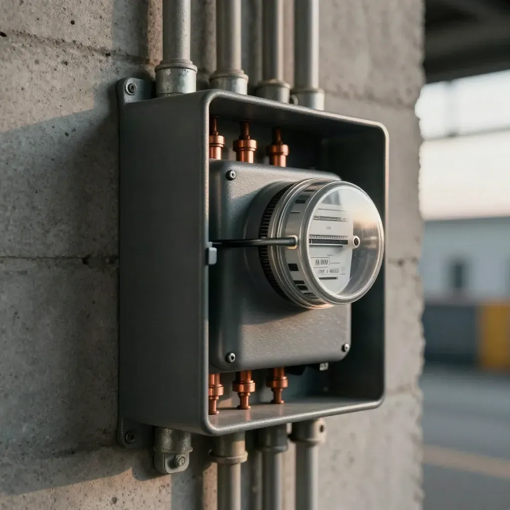 Extreme macro of restored warehouse meter gear, conduit and copper terminations on a concrete wall