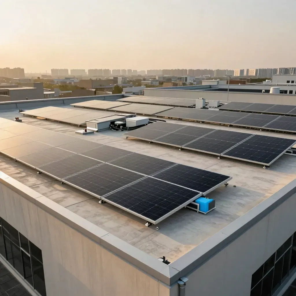 Wide retail roof with finished solar rows, skylights and rooftop units in warm golden haze.