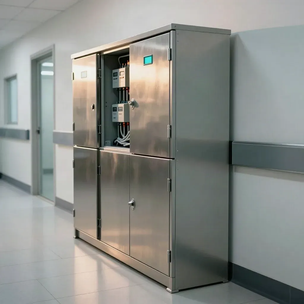 Clinic battery cabinets and transfer gear ready in a tiled backup-power room