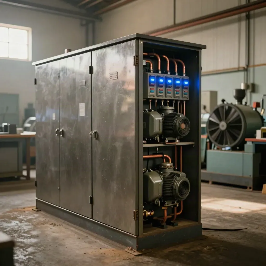 Workshop power-factor cabinets with blue status lights beside running machinery