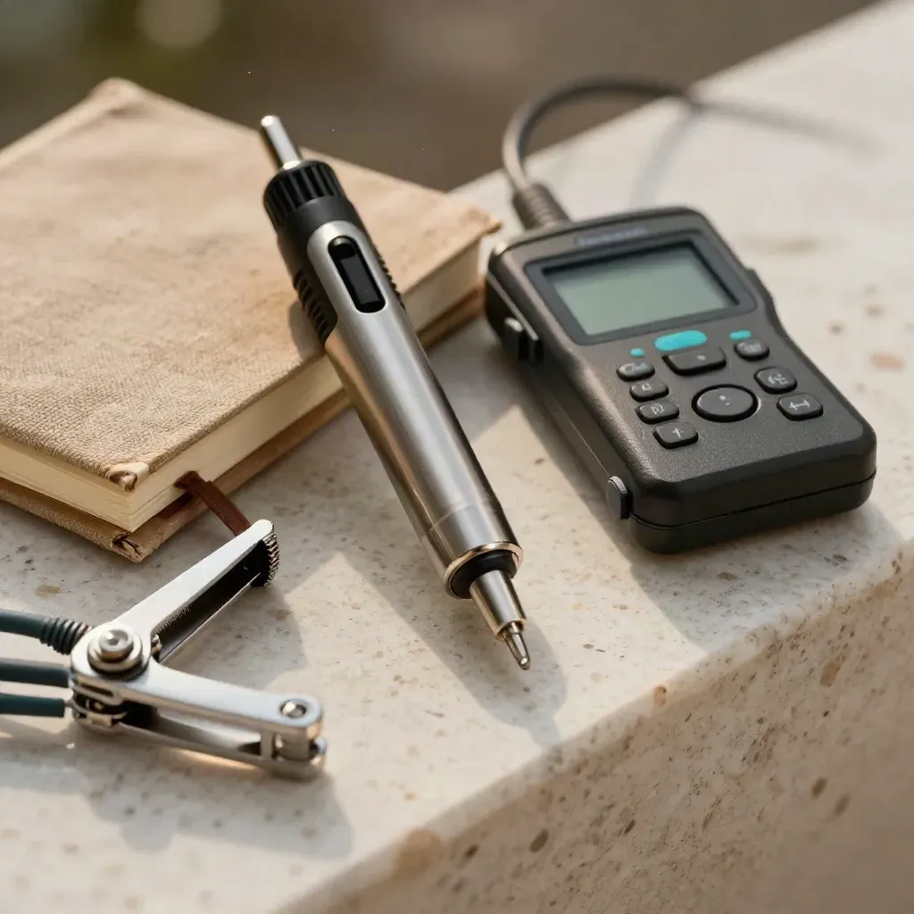 Macro still life of energy audit tools on travertine: probe, logger, clamp, closed notebook.