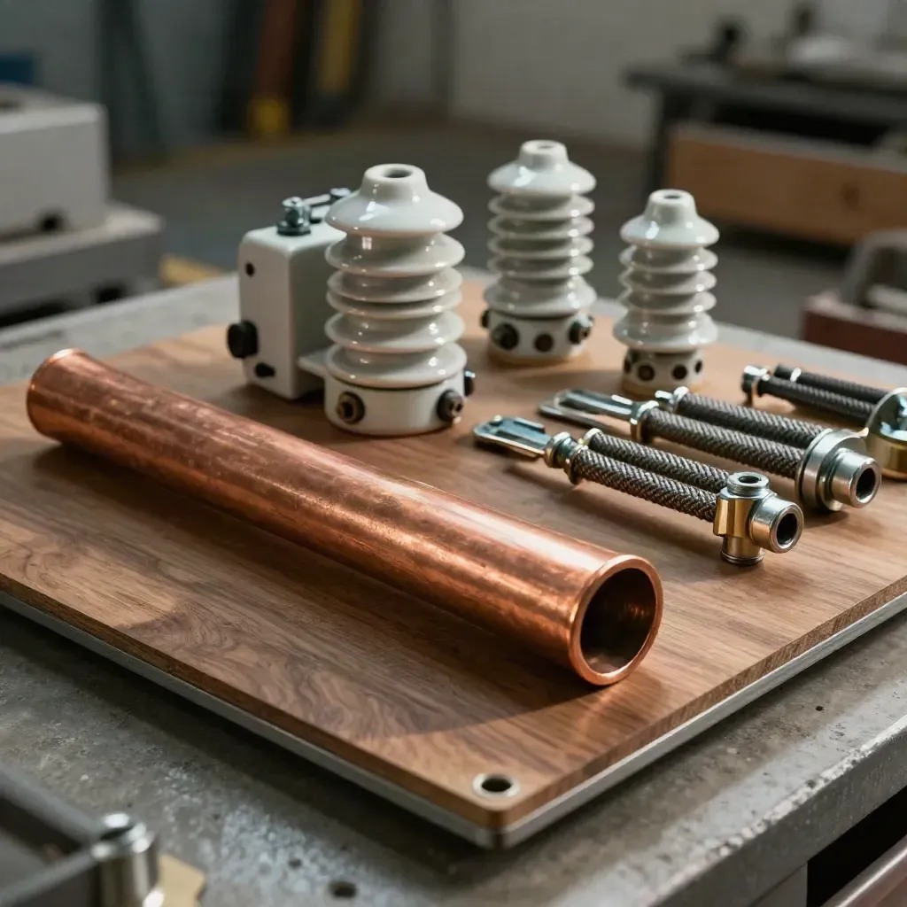 Copper busbar, breaker unit, ceramic insulator and lugs in a dramatic industrial workshop still life.
