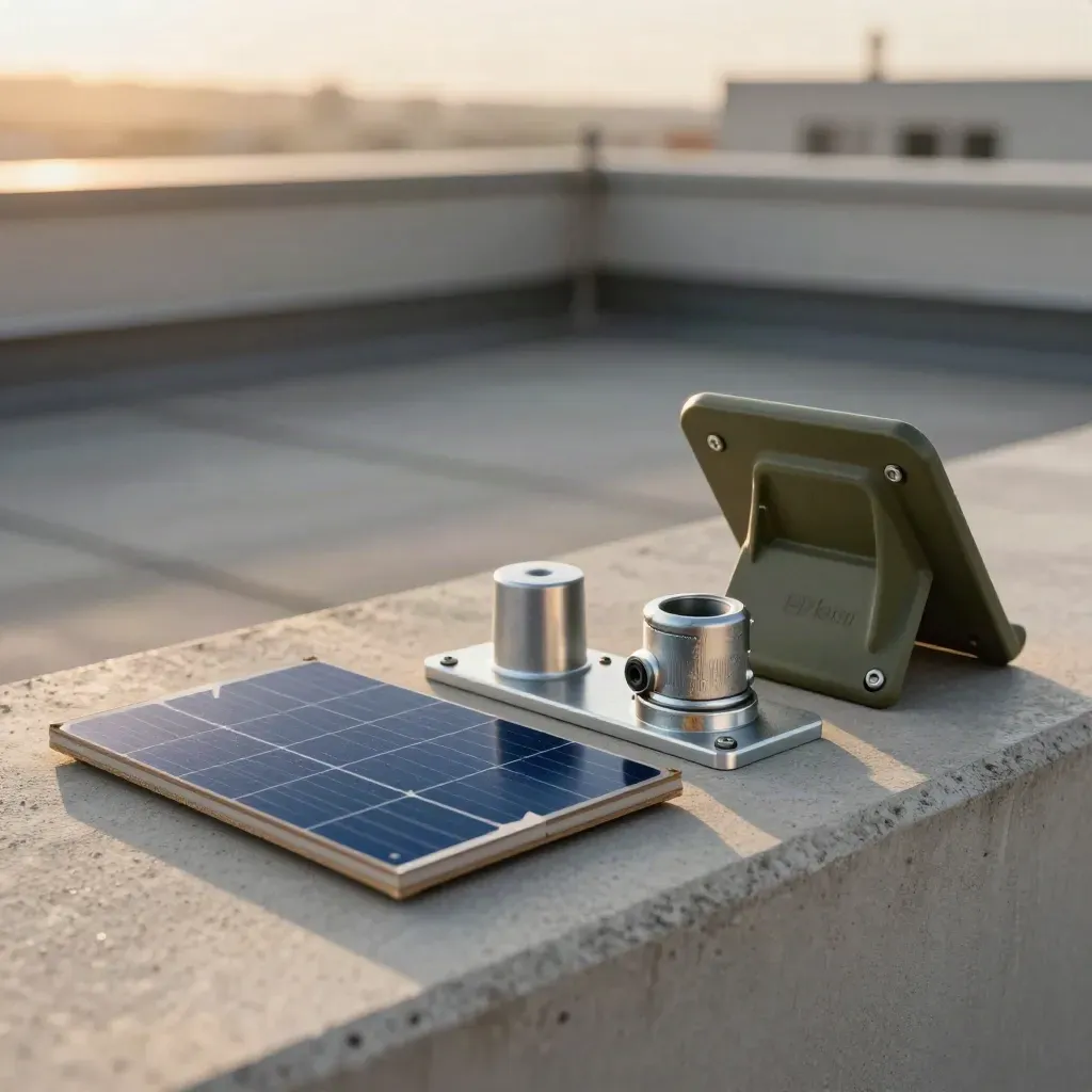 Solar PV sample with roof-mount foot, rail connector and tilt bracket on a concrete rooftop curb