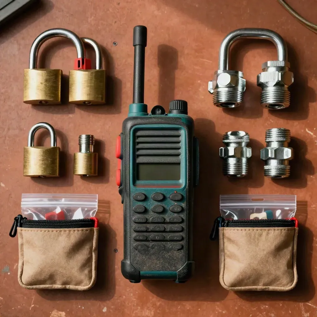 Top-down still life of a jobsite radio, lockout kit, conduit fittings, and hardware pouches on a workbench.
