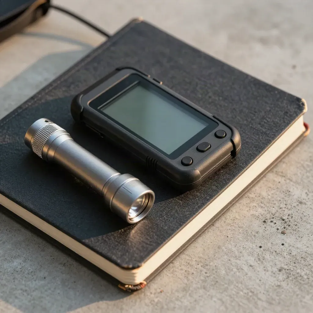 Closed field notebook, data logger, and flashlight on pale concrete in soft side light.