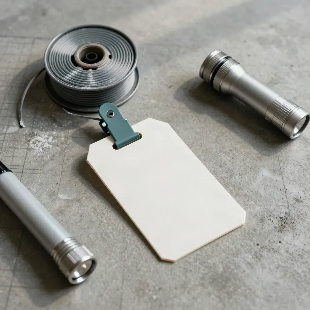 Overhead inspection kit: tag, chalk line reel, flashlight and floor marker on concrete