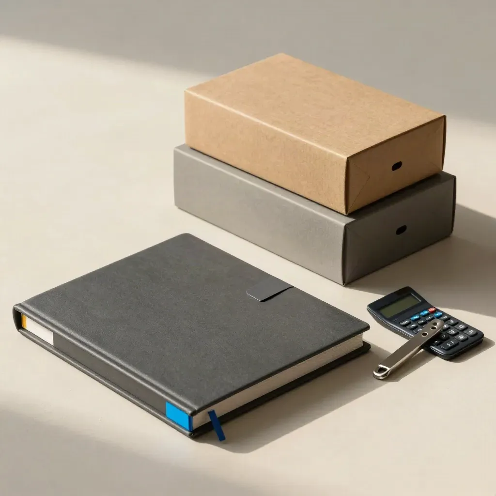 Project binder, calculator, breaker sample, and hardware boxes on an off-white plaster sweep.