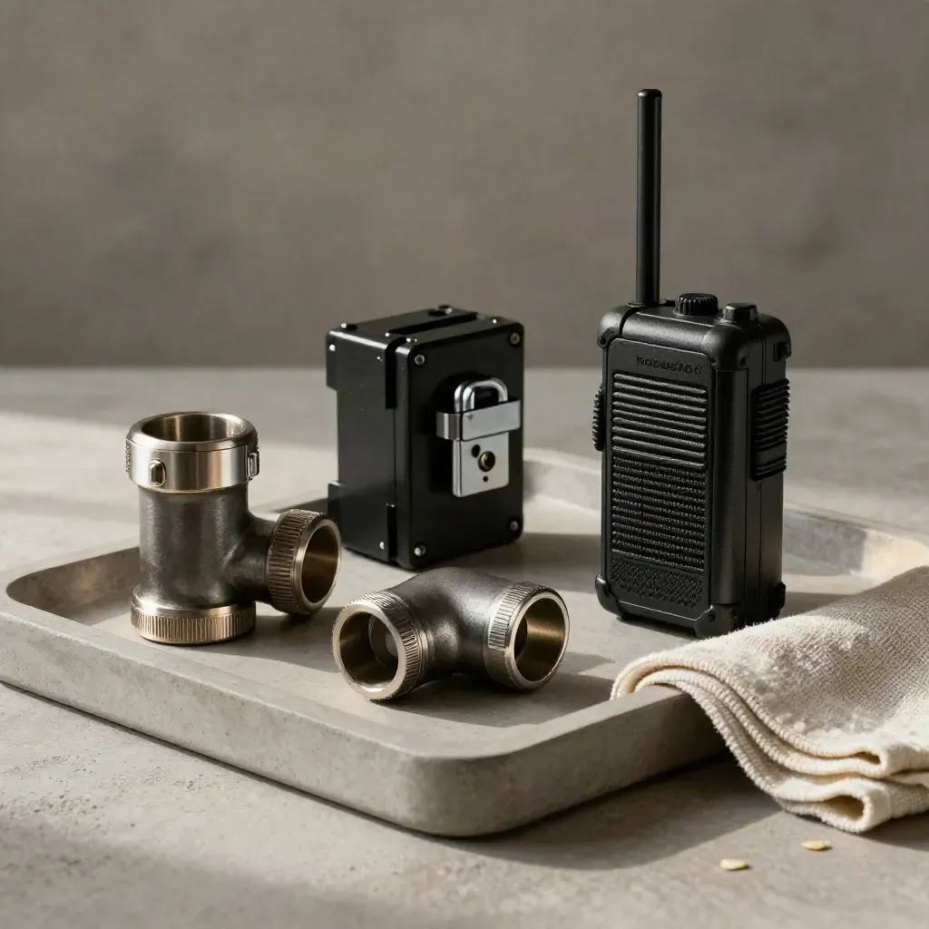 Industrial coordination kit on a stone tray with conduit fittings, lockout kit, terminal blocks, and radio.