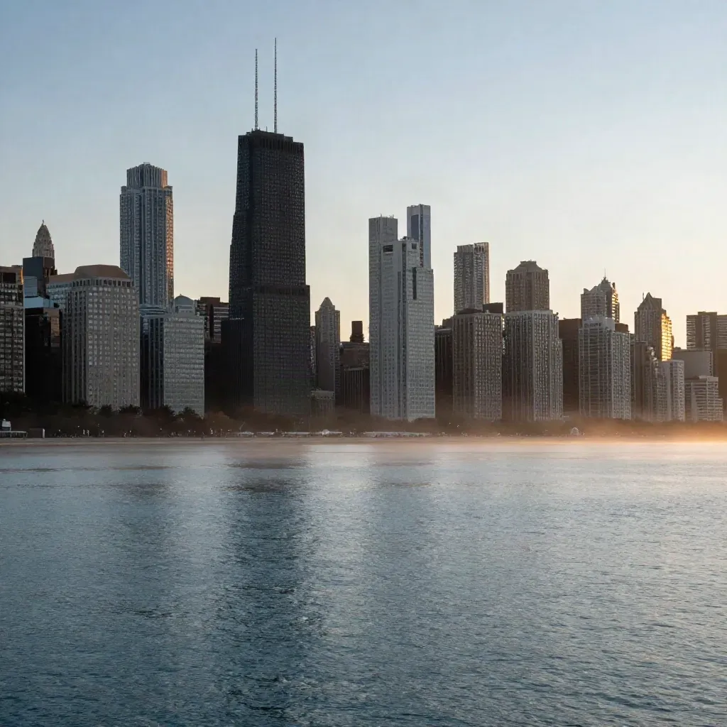 Chicago skyline at golden hour above calm lake water and mist