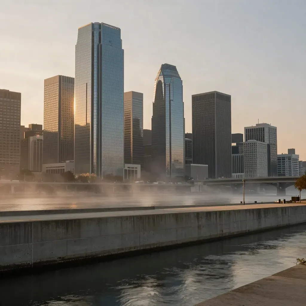 Dallas skyline above a calm concrete river edge at golden hour with mist