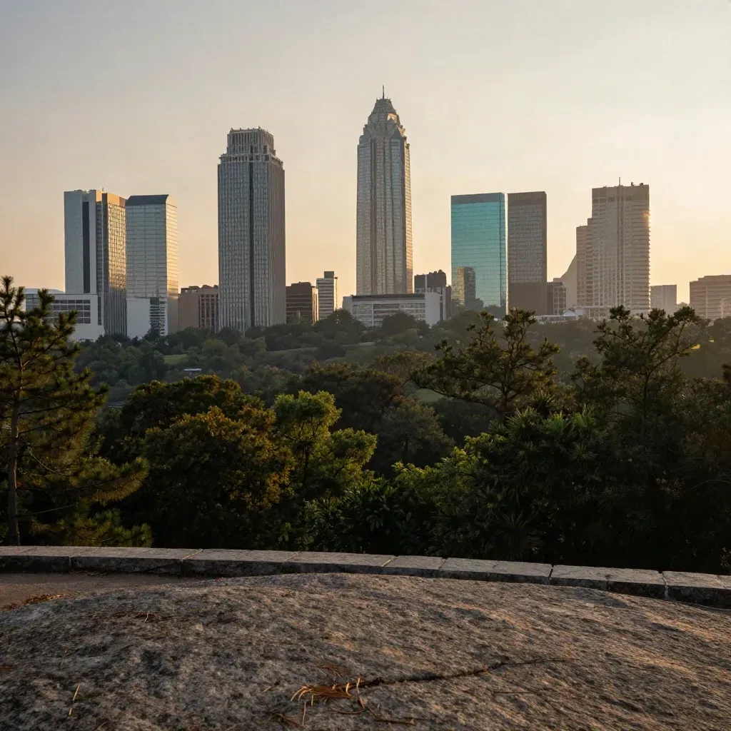 Atlanta skyline glowing above humid treetops and granite in storm-cleared evening haze.