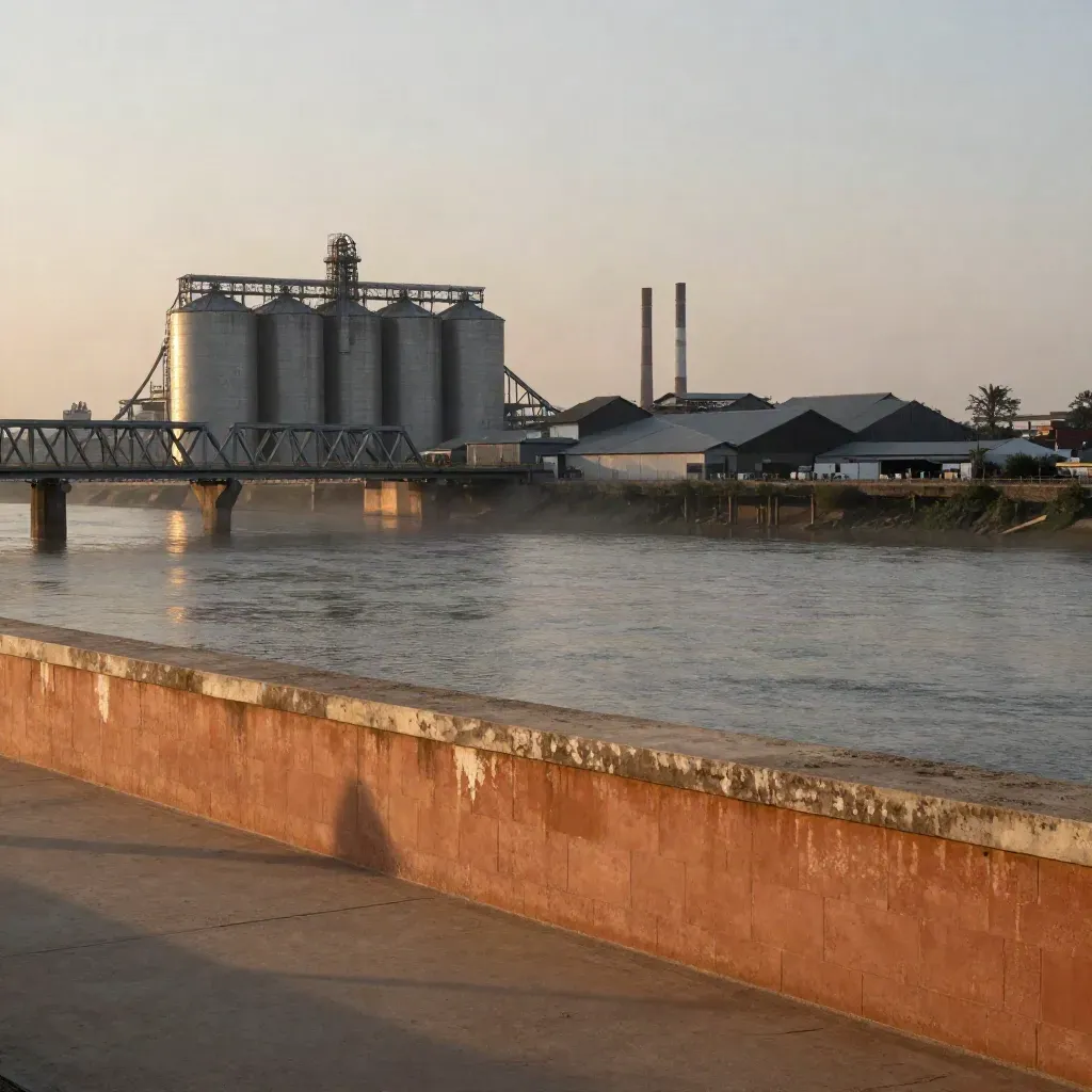 Hazy Midwest industrial river overlook with silos, bridge trusses, and calm concrete copy space