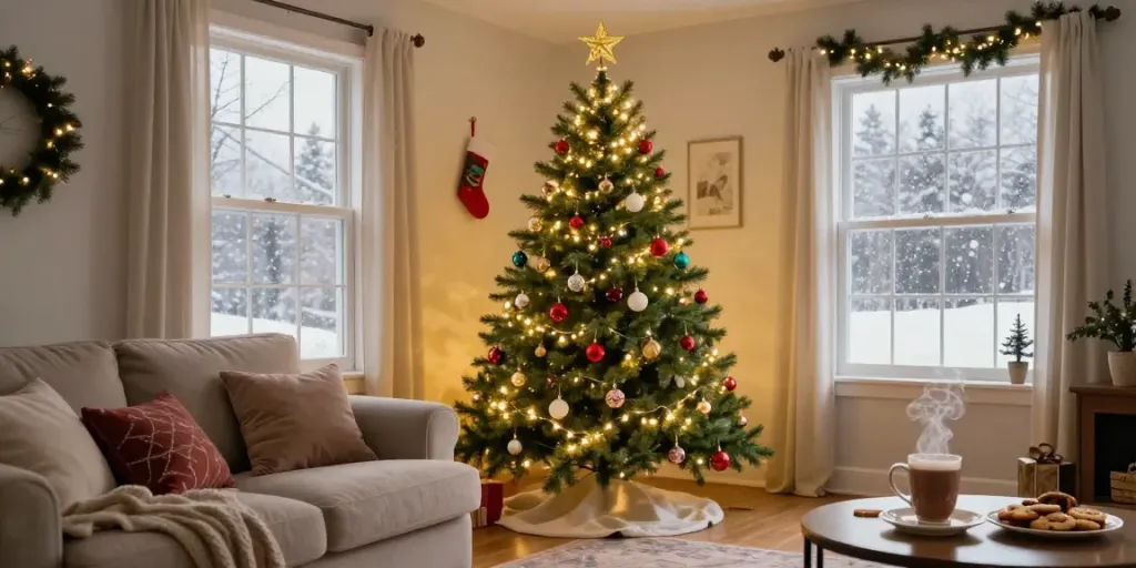 Cozy living room with a pre lit pencil slim Christmas tree, festive decorations, and snow outside.