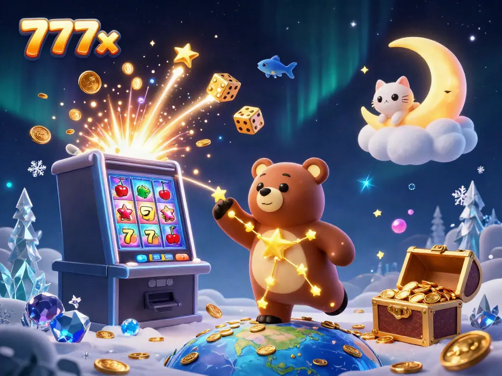 Experience the thrilling world of 777x with vibrant characters and a slot machine jackpot explosion.