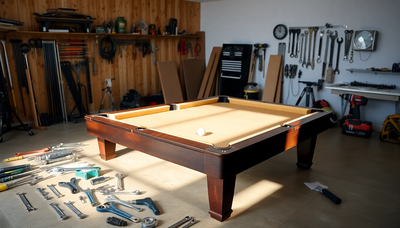 Pool Table Disassembly process showcasing tools and half-dismantled table details.