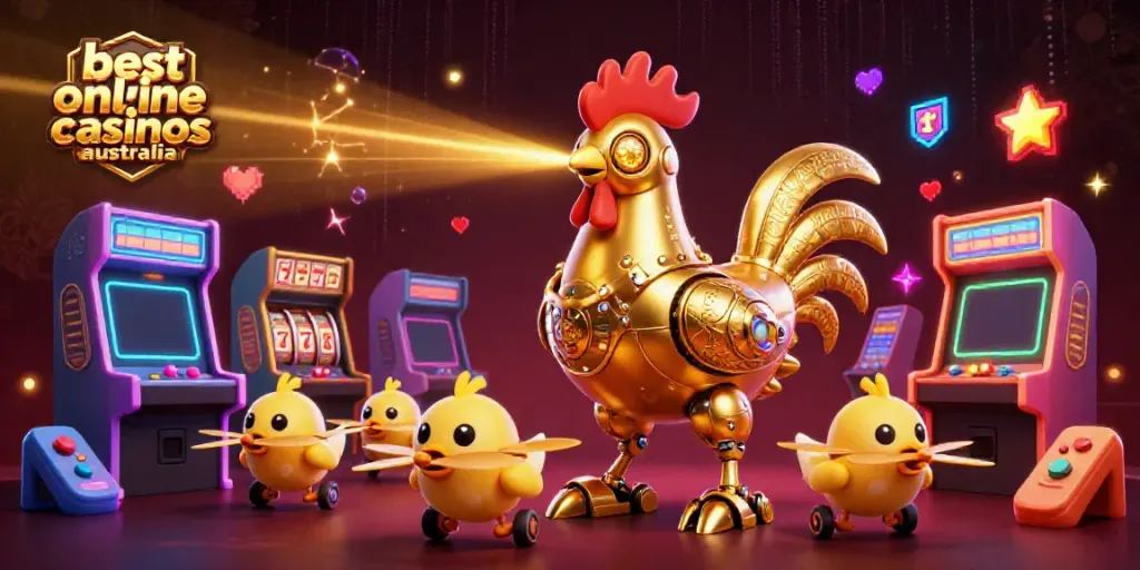 Experience the best online casinos Australia with an illustration showcasing a golden rooster robot and arcade elements.