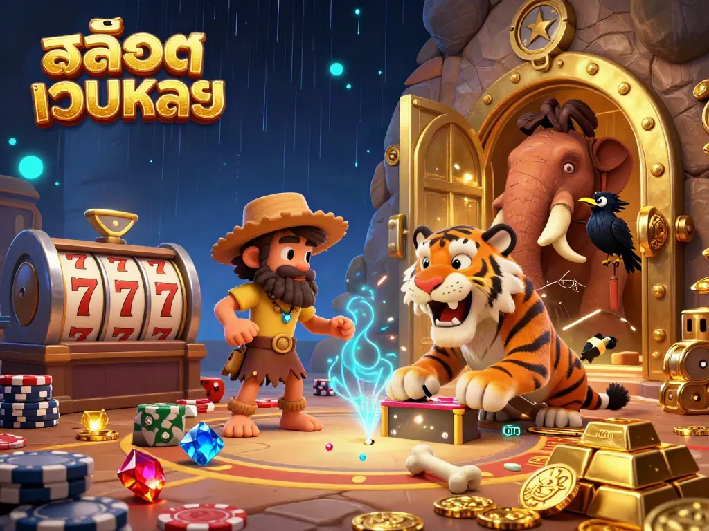 Experience excitement at สล็อตเว็บตรง with ancient gaming elements and dazzling treasures in a vibrant scene.