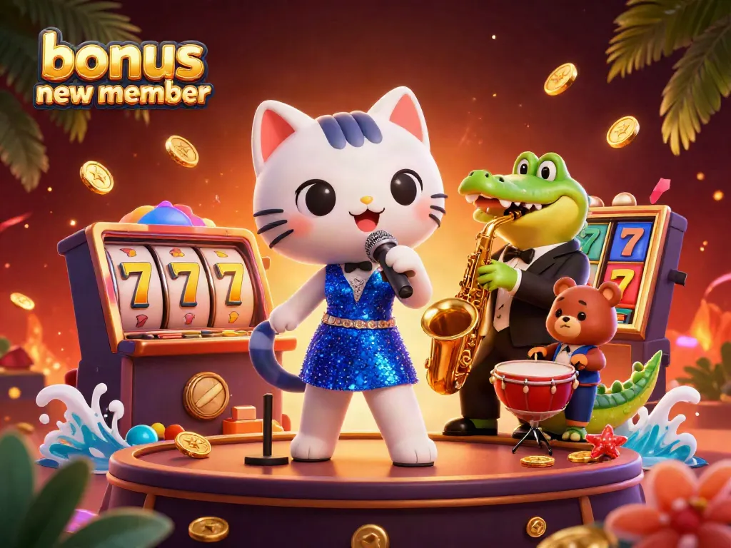 Join the excitement with bonus new member as a jazzy cat serenades on stage at a vibrant casino!