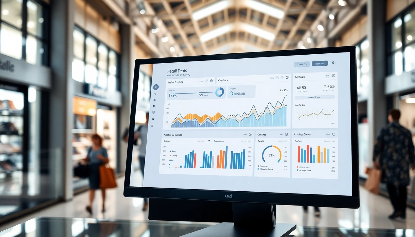 Visualize retail footfall analytics on a modern dashboard amid a bustling store environment.