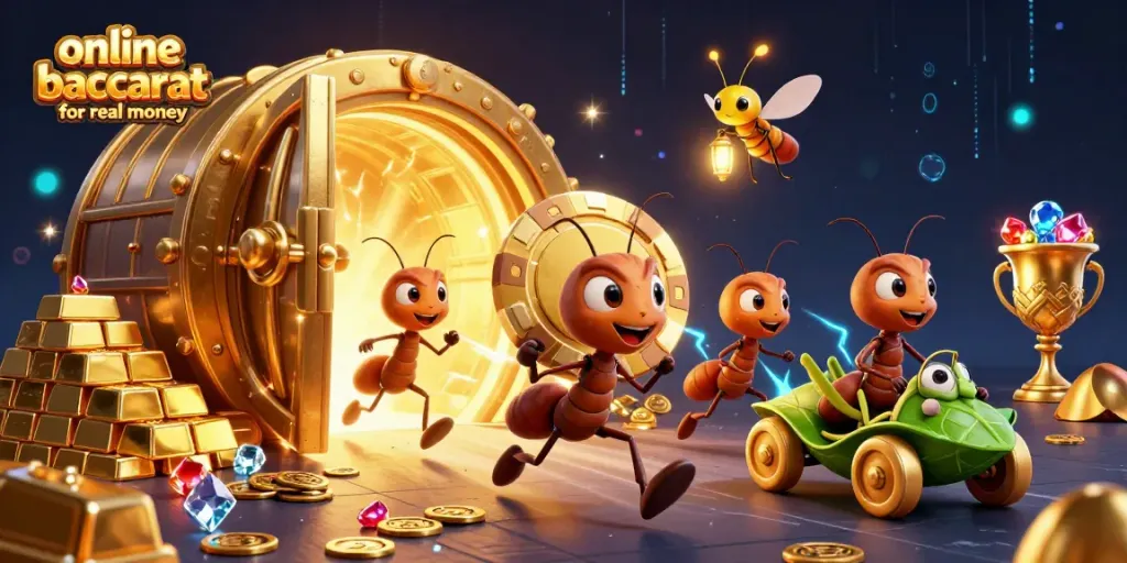 Experience the thrill of online baccarat for real money with a vibrant 3D heist scene overflowing with treasures.