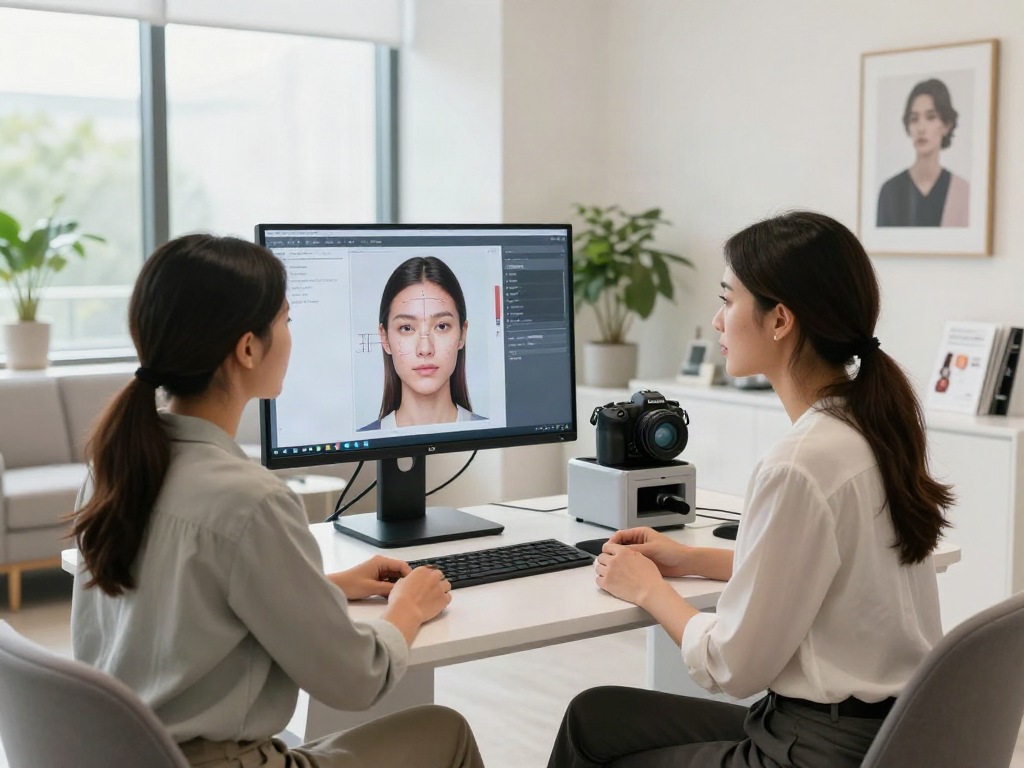 ClinicEvo cheaper than QOVES offers personalized facial analysis consultation with clients reviewing unique aesthetics.