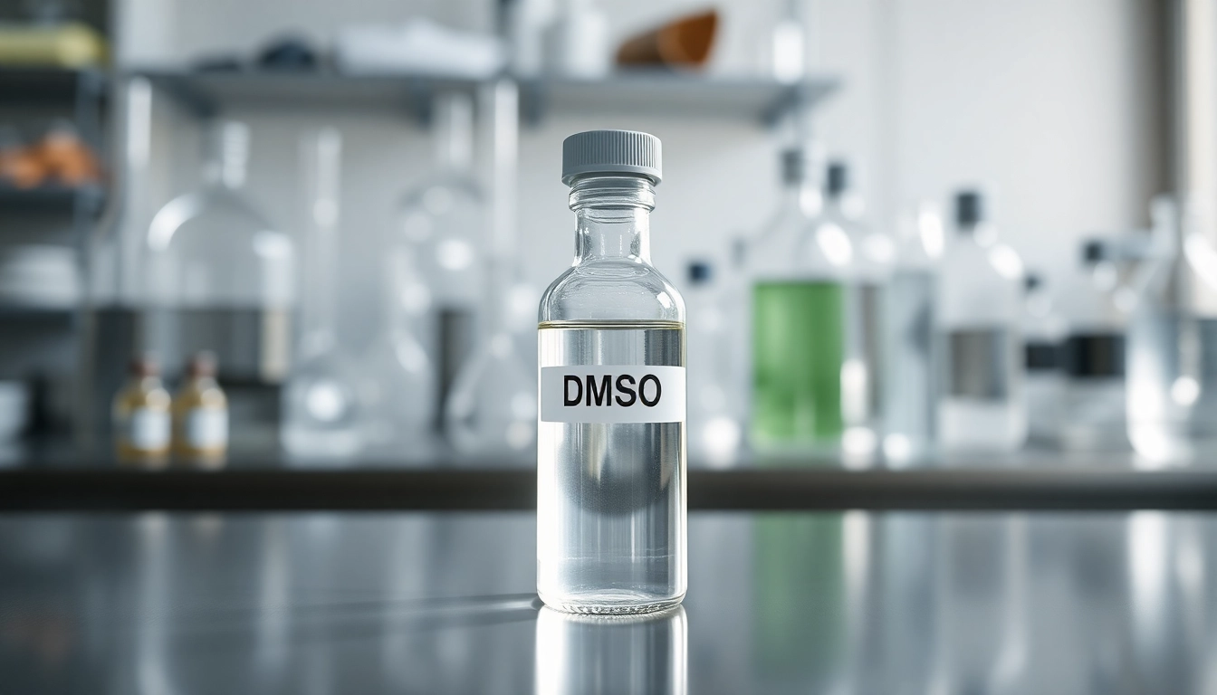 Labeling DMSO organic in a laboratory setup with glassware in the background.