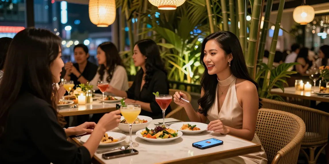 Gái gọi tận hưởng buổi tối tại nhà hàng sang trọng, sống động với thức ăn và đồ uống.