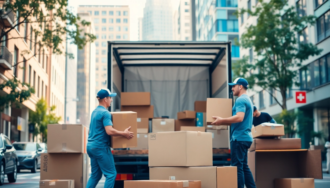 Experienced movers handling Residential Moving Services efficiently while packing a moving truck in an urban setting.