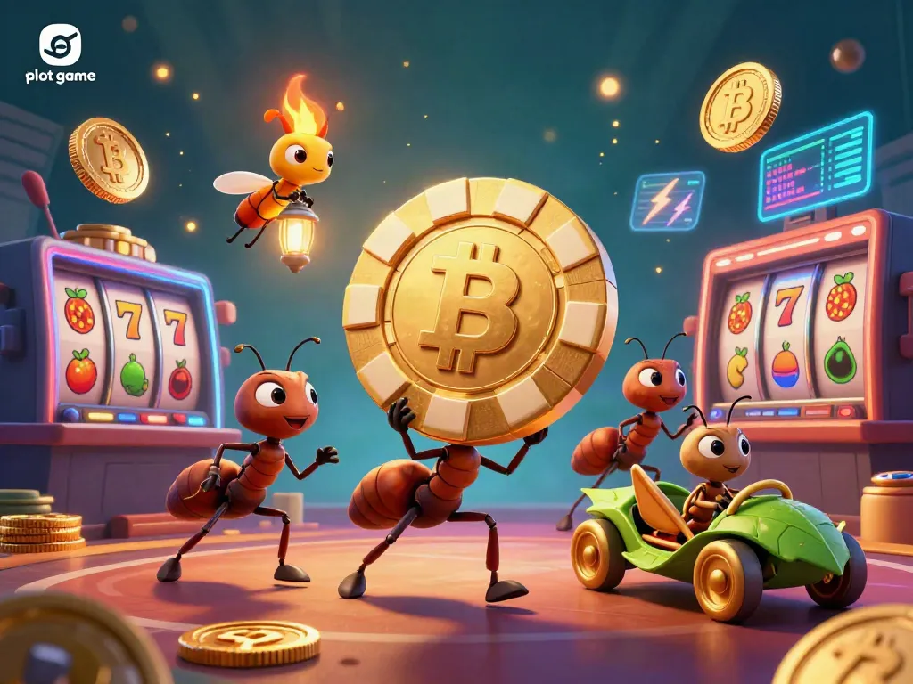 Engage with the slot game excitement featuring ants carrying a giant poker chip in a vibrant casino scene.