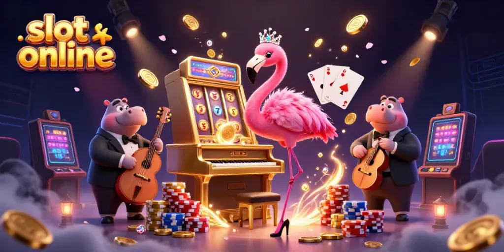 Experience the thrill of slot online games with vibrant casino characters, coins, and spinning reels.
